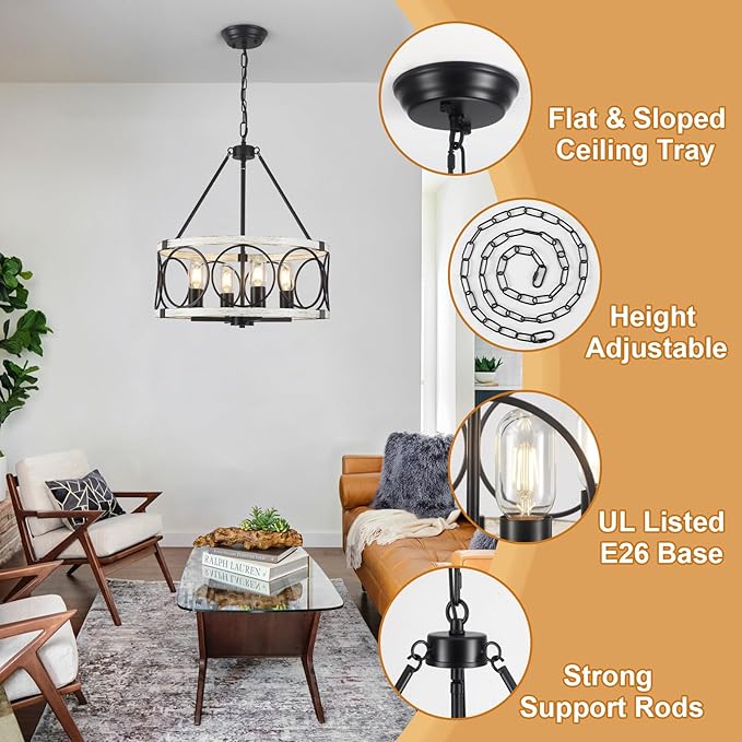 Farmhouse Chandelier for Dining Room 4 Light, 17.71" Round Farmhouse Light Fixture, Rustic Kitchen Lighting Fixtures Hanging Drum Chandeliers for Entryway Foyer Bedroom-Black & White Oak