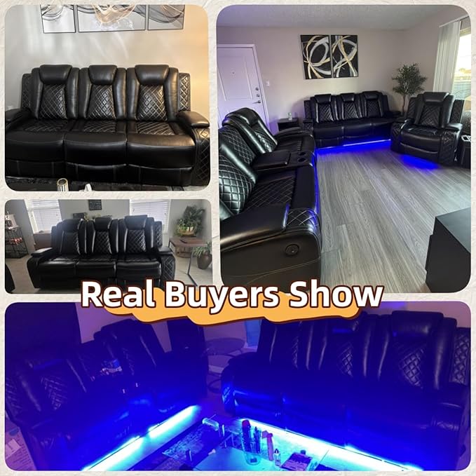 Breathing Leather Power Recliner Sofa Set, 2 Piece Leather Loveseat and Recliner Chair Set, Living Room Furniture Set with Storage Console/LED Lighting (Black, Loveseat+Chair)