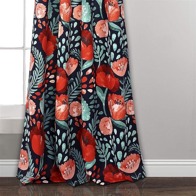Lush Decor x 52” Navy Poppy Garden Curtains Light Filtering Window Set for Living, Dining, Bedroom, 108 in L Panel Pair