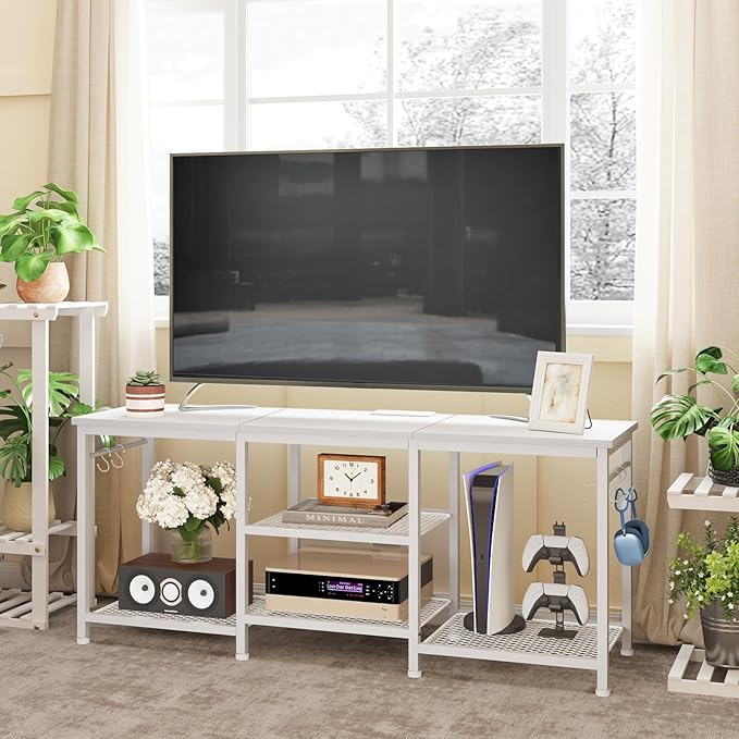 YGEOMER Entertainment Center for 55 inch TVs, TV Stand with Power Outlet and Open Storage Shelves, TV Media Console Table for Living Room and Bedroom, White
