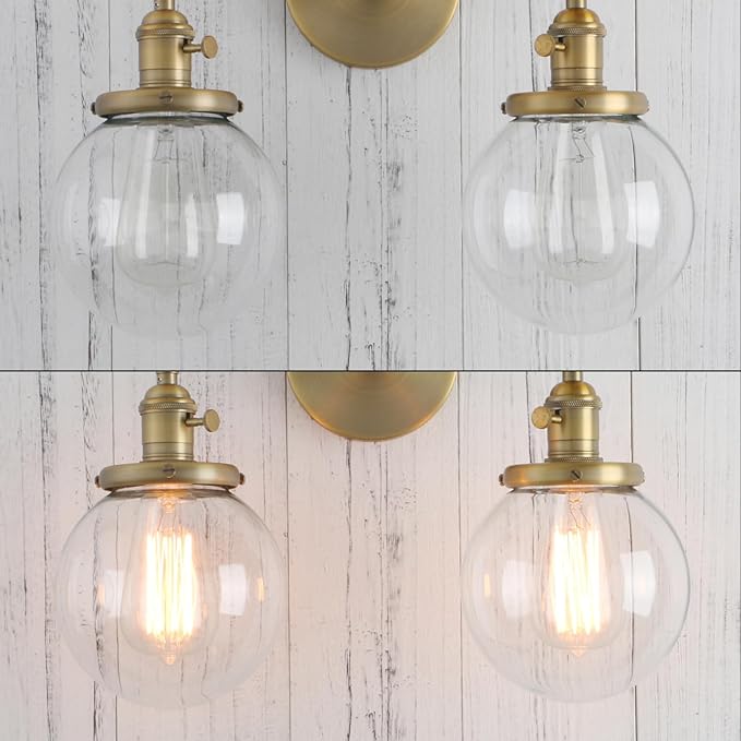 PERMO Double Sconce Vintage Antique 2 Lights Vantiy Light Brass Gold Dual Wall Sconces with 5.9" Round Clear Glass Globe Shade for Living Room Dining Room Kitchen Bedroom