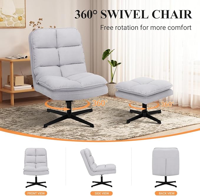 Swivel Accent Reading Chair with Ottoman, Modern Velvet Upholstered Lounge Chair with 360° Swivel and Criss-Cross Legs, Comfy Reading Chair for Bedroom, Living Room,Supports 300 lbs,LightGray 2pc