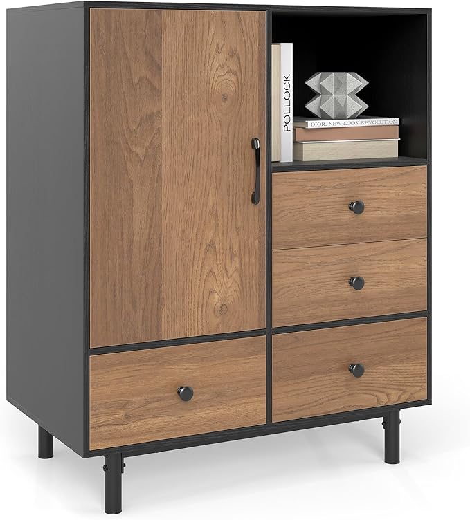Giantex Storage Cabinet with 4 Drawers, Door and Open Compartment, 18" x 31.5" x 38.5" Inches, Metal Support Legs, Freestanding Side Cabinet, Buffet Sideboard for Living Room, Dining Room, Entryway