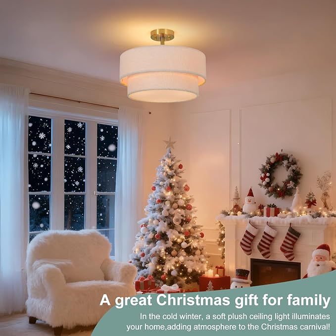 16.5'' Semi Flush Mount Ceiling Light, 3-Light Gold Ceiling Light Fixture with 2-Layer White Plush Shade, Farmhouse Drum Close to Ceiling Light for Living Room, Hallway, Bedroom, Kitchen, Dining Room