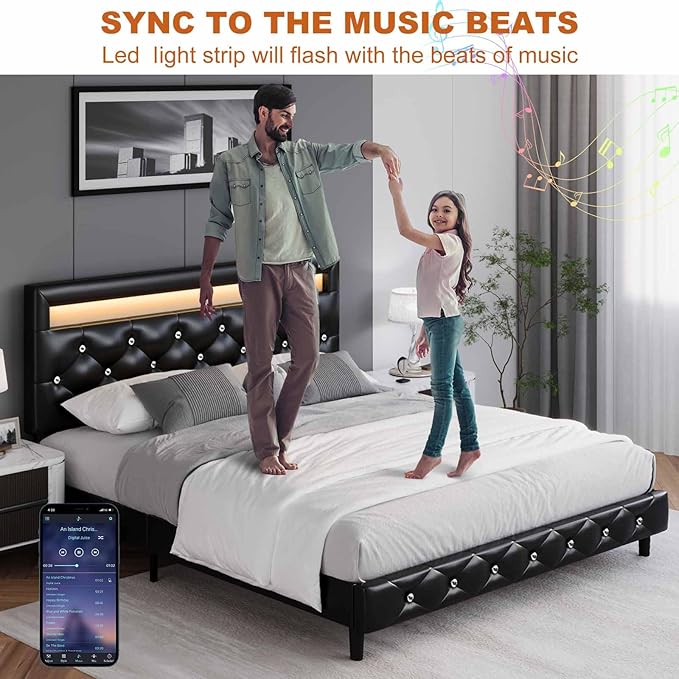 Keyluv Modern Upholstered Queen Bed Frame with LED Lights, Faux Leather Low Profile Platform Bed Frame, Adjustable Crystal Button Tufted Headboard, Strong Wood Slat Support, Easy Assembly, Black
