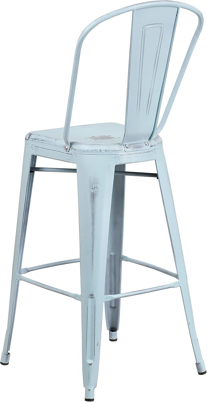 Flash Furniture Blake Commercial Grade 4 Pack 30" High Distressed Green-Blue Metal Indoor-Outdoor Barstool with Back