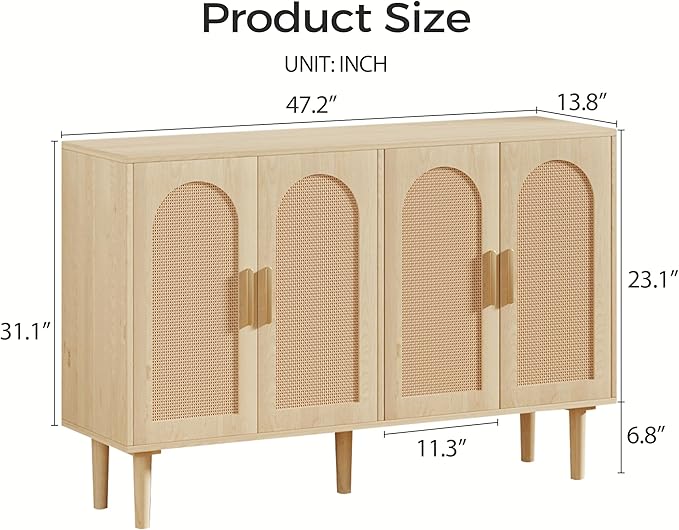 Modern Rattan-Door Sideboard Cabinet – 4-Door Credenza Buffet with Ample Storage, Large Accent Cabinet for Entryway, Living Room, Dining Room & Kitchen, Natural