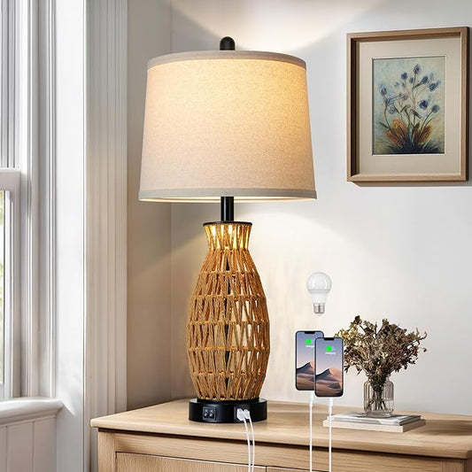 27" Boho Rattan Table Lamp Single with Night Light, Handwoven Wicker Bedside Lamp with USB A+C Charging Port, Woven Coastal Bedroom Lamps for Night stand, Beach Living Room Lamps for End Table