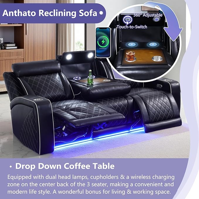 Leather Power Reclining Sofa Set, Home Theater Recliner Sofa & Chair with LED, Luxury Breathing Leather Reclining Couch Set with Cupholders/Charging/Head Lamp for Living Room/Office, 3+1,Black