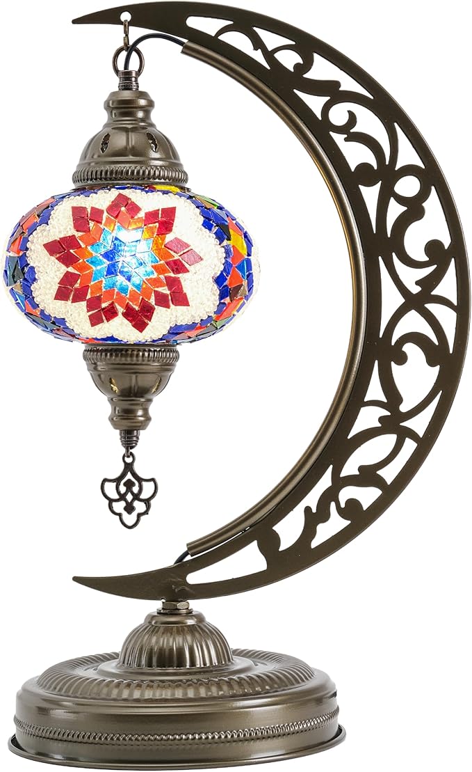 Mozaist Turkish Mosaic Crescent Shape Table Lamp, Moroccan Moon Boho Handmade Desk Light, Farmhouse Rustic Living Room Decorative Lighting, Bedside Nightstand with E12 Socket & US Plug (Multicolor)
