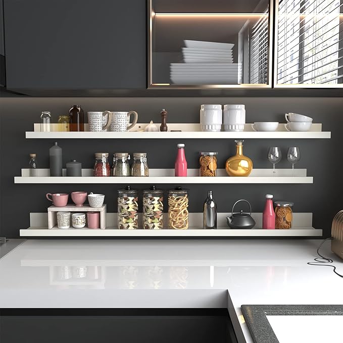 Calenzana 47 Inch Floating Shelves Wall Mounted Set of 3, Long Picture Ledge Shelf for Living Room Bathroom Bedroom Kitchen Office, Creamy White