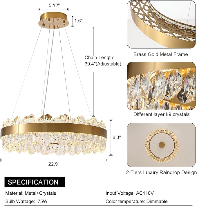Modern Crystal Chandelier Gold LED Chandeliers 23’’ Round Pendant Light Fixture Dimmable Flush Mount Chandelier for Dining Room Foyer Kitchen, UL Listed