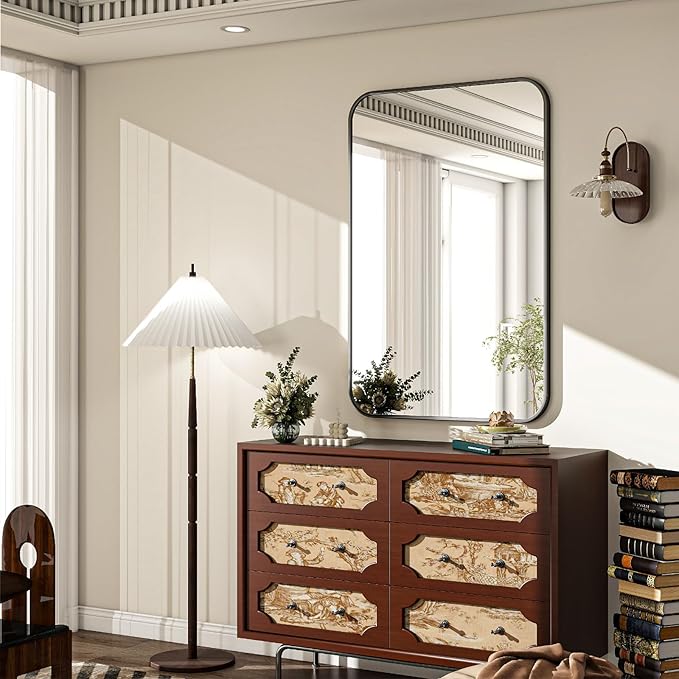 20x28 Inch Bathroom Mirror - Wall Mounted Vanity Mirror with Round Corner Aluminum Alloy Frame, Hanging Horizontally Vertically for Living Room, Bedroom, Hallway as Home Decor,Black