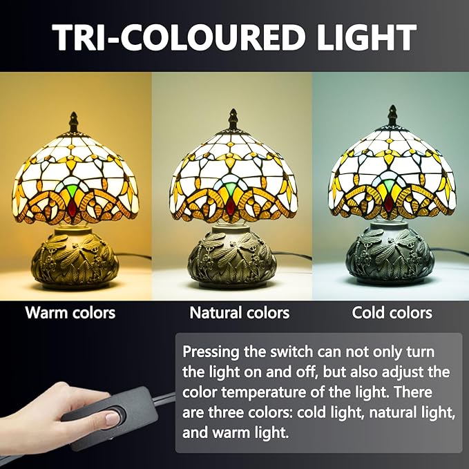 Small Tiffany Table Lamp,Stained Glass Lamp,8 Inch Mushroom Style Mini Vintage Desk Lights for Bedside, Bedroom,Nightstand,Living Room,3 Color Temperature (Baroque)