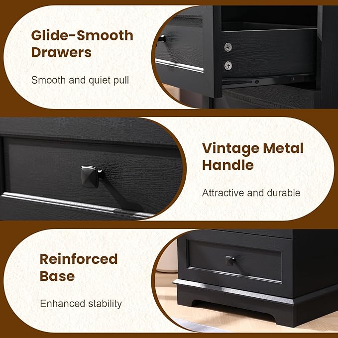 20-Inch Wide Modern Nightstand with Charging Station & Outlets, Bedside Table with 2 Drawers and Open Shelf, Sleek Design End Table for Bedroom and Office, Black (Single Piece)