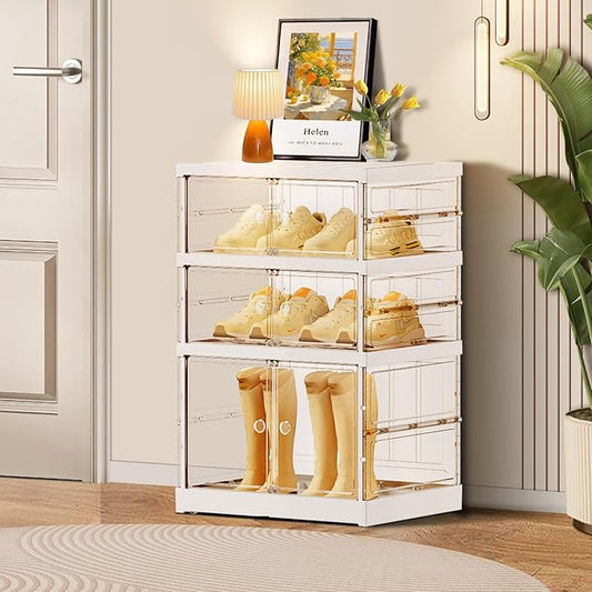 3-Tier Foldable Shoe Rack for Closet Entryway 3-6Pairs,Stackable Clear Shoe Storage Boxes Organizer with Door Plastic Shoe Cabinet Bins with Lids Shoes Shelf Easy Assembly Large White