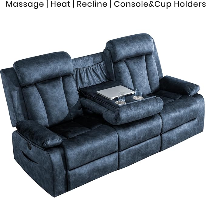 GUEAPY Oversized 3-Seater Electric Reclining Sofa with Massage & Heat, USB & Type-C Ports, Foldable Tray Table, Cup Holders, Storage Pockets, Velvet Recliner Couch for Living Room, 81.9" Wide