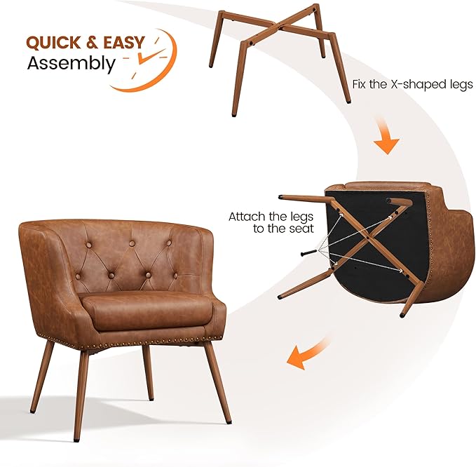 Yaheetech Modern Accent Chair, PU Leather Retro Armchair, Upholstered Barrel Chair with Metal Leg and Comfy Seat Cushion for Living Room Bedroom, Retro Brown