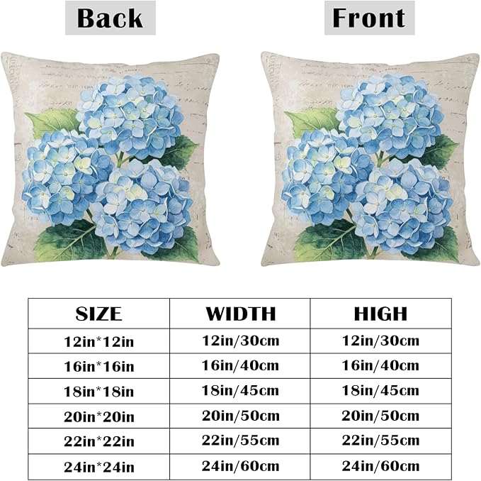 Vintage Blue Hydrangea Pillow Covers 20x20 Set of 2 Spring Summer Floral Outdoor Decorative Throw Pillow Cases Rustic Flowers Farmhouse Cushion Cover for Couch Sofa Porch Home Decor