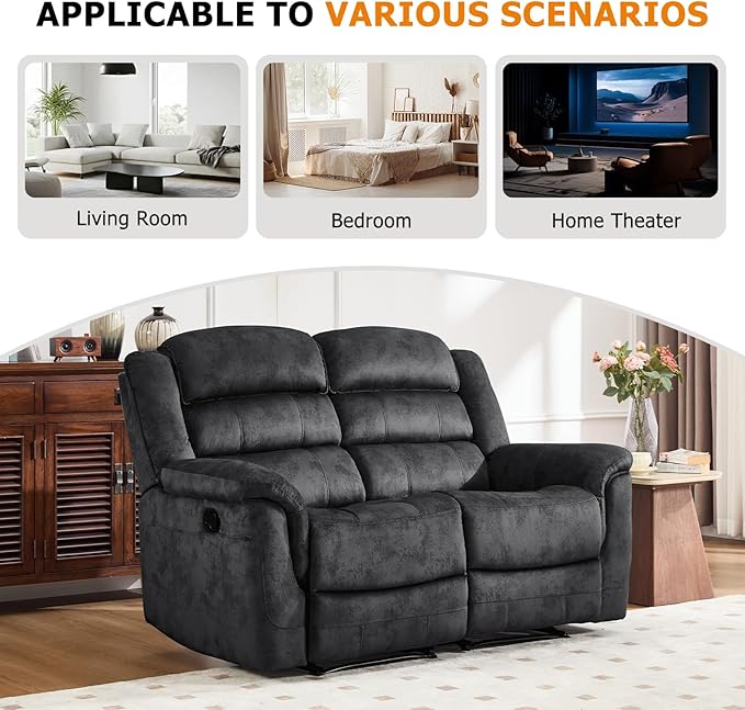 EBELLO Loveseat Recliner Sofa for Living Room, Extra Wide Modern Overstuffed 2 Seat Reclining Sofa Chair, Breathable Fabric Dual Manual Recliner, Grey