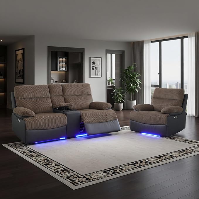 Power Corduroy Recliner Sofa Set with LED Light,Reclining Loveseat and Chair Set with Storage Console/USB Charger/Cup Holder,Corduroy Couch for Living Room Furniture Sets(2+1 Seats,Brown)