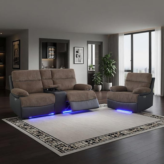 Power Corduroy Recliner Sofa Set with LED Light,Reclining Loveseat and Chair Set with Storage Console/USB Charger/Cup Holder,Corduroy Couch for Living Room Furniture Sets(2+1 Seats,Brown)
