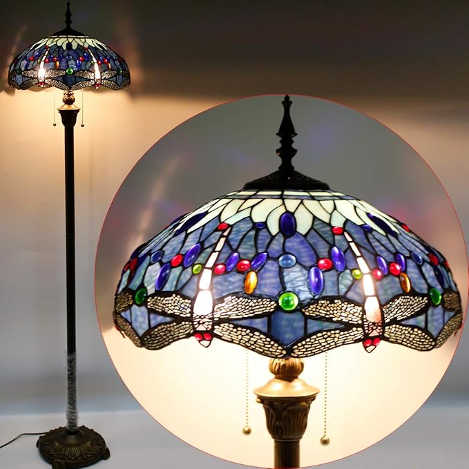 WERFACTORY Tiffany Floor Lamp Dragonfly Blue Stained Glass Standing Reading Light 16X16X64 Inches Antique Pole Corner Lamp Decor Bedroom Living Room Home Office S004 Series (B)