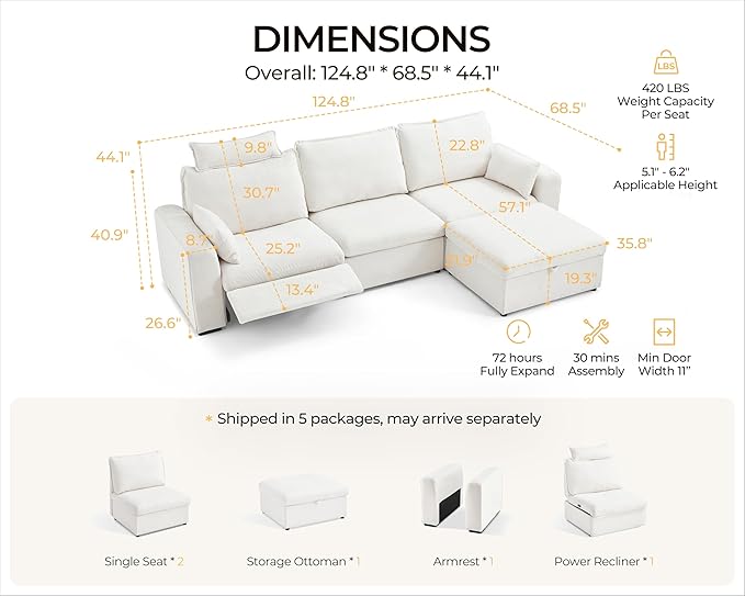 124.8'' Oversized Power Recliner Sofa with Headrest, Extra Wide Modular Cloud Sectional Reclining Couch, Convertible 4-Seater with Storage Ottoman for Home Theater Living Room, Chenille, White