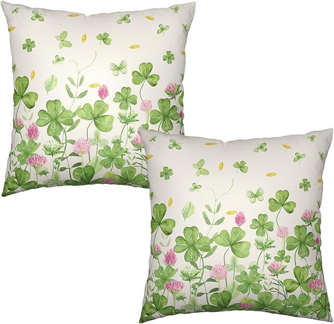 Green Shamrock St Patricks Day Pillow Covers 24x24 Set of 2 Watercolor Lucky Clovers Floral Pillow Cover Spring St. Patrick's Day Outdoor Decorative Pillow Case for Home Couch Sofa