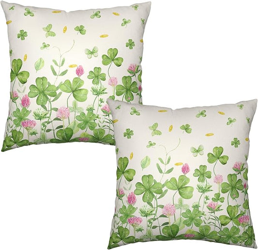 Green Shamrock St Patricks Day Pillow Covers 18x18 Set of 2 Watercolor Lucky Clovers Floral Hrow Pillow Cover Spring St. Patrick's Day Outdoor Decorative Pillow Case for Home Couch Sofa