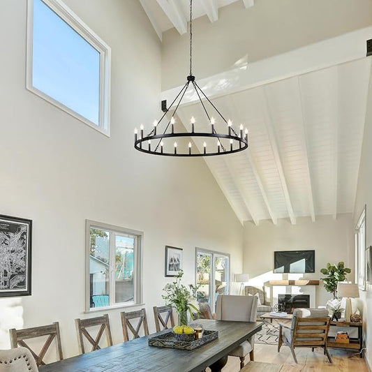 Black Wagon Wheel Chandelier 20-Light 48" Large Black Farmhouse Chandelier High Ceiling Light Fixture for Living Room Entryway Hallway Kitchen Island