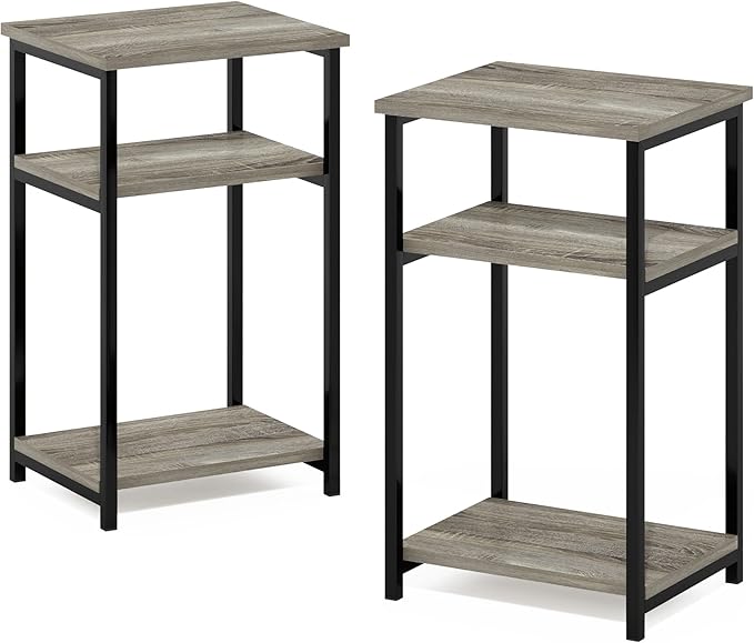 Furinno JUST Side Table Set of 2, 3-Tier Modern Metal Frame End Table with Open Shelf, Night Stand, Bedside Table, Easy Assembly,for Living Room, Bedroom, French Oak