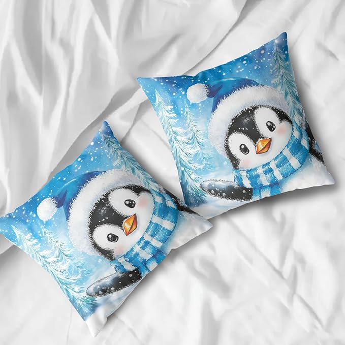 Blue Penguin Throw Pillow Covers 20x20 Lovely Penguins Snowman Winter Outdoor Pillow Cases Set of 2 Christmas Farmhouse Cushion Cases Winter Holiday Cotton Pillowcases for Home Couch Sofa
