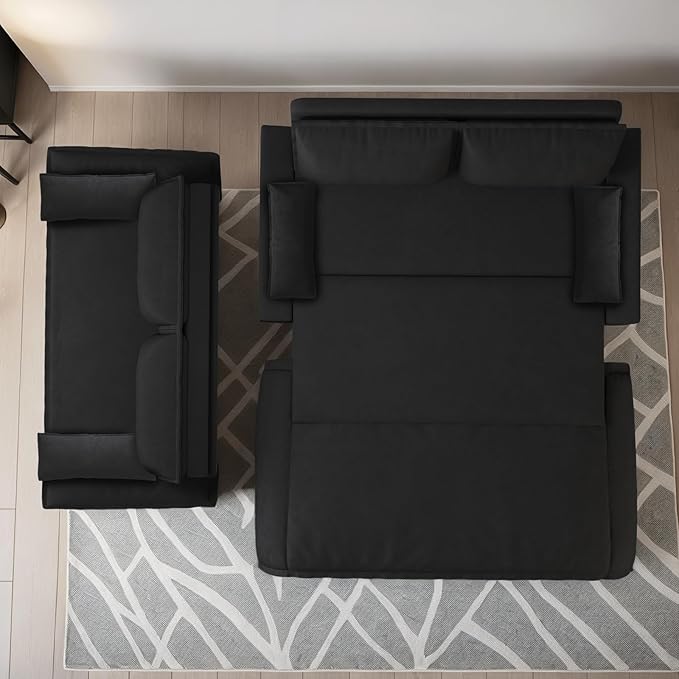 Yafylly Queen 3 in 1 Convertible Sleeper Couch, Full Size Velvet Loveseat Pull Out Sofa Bed, Futon Lounge Chair with Pillows for Living Room, Bedroom, Apartment, Office,Black