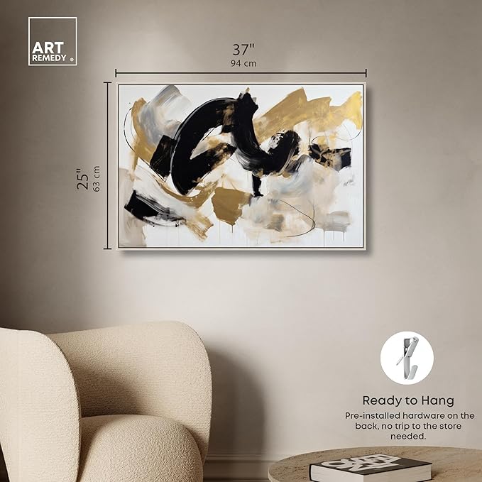 Art Remedy Moved Abstraction Canvas Modern Black White Abstract Wall Art, Silver Frame, 36" x 24"