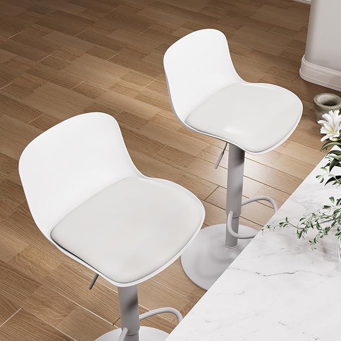 YOUTASTE Modern White Bar Stools Set of 2, Adjustable Swivel Counter Bar Chairs with PU Leather Upholstered Seat, Sturdy Metal Base, Perfect for Kitchen Island, Dining, or Home Bar