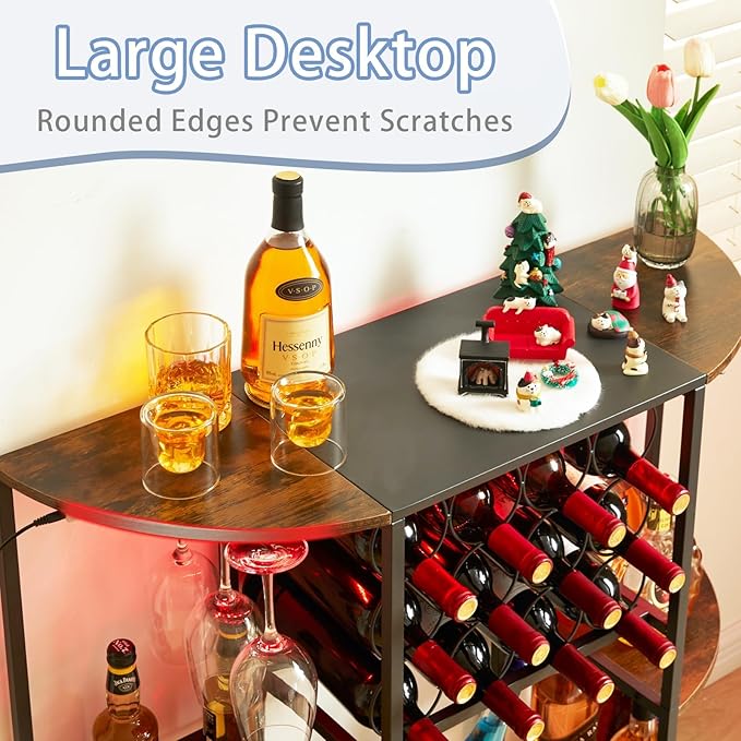 JKsmart Wine Bar Cabinet with LED Lights, Mini Wine Rack with Storage and Glass Holder, Home Bar Cart for Liquor, 3-Tier Bar Table for Kitchen, Dining Room, Living Room, Rustic Brown