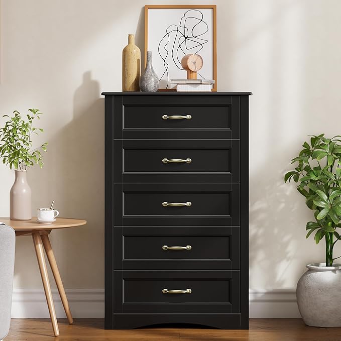 Gizoon 5 Drawer Dresser, Black Wood Chest of Drawers for Bedroom, 43.3" Large Capacity Storage Cabinet with Anti-Tip Device, for Clothes, Living Room, Hallway, Office