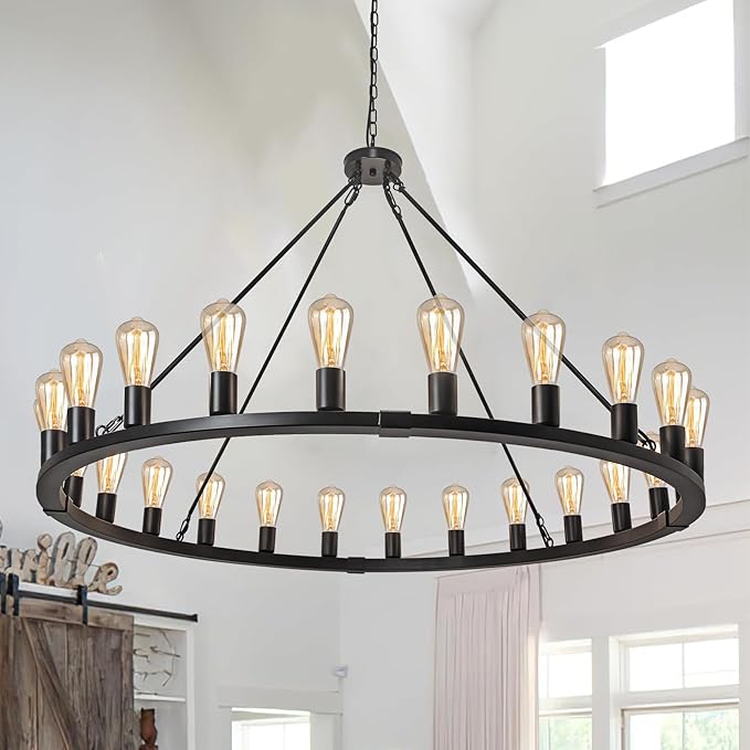 Wagon Wheel Chandelier 24-Light 48-Inch, Black Round Rustic Farmhouse Chandelier Extra Large for High Ceilings, Dining Room, Living Room