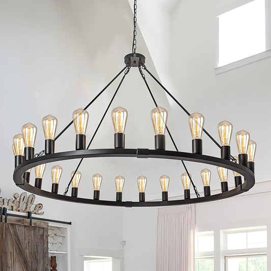 Wagon Wheel Chandelier 24-Light 48-Inch, Black Round Rustic Farmhouse Chandelier Extra Large for High Ceilings, Dining Room, Living Room