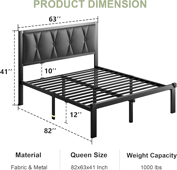 Feonase Queen Size Metal Bed Frame with Faux Leather Button Tufted Headboard, Platform Bed Frame with Heavy Duty Metal Slats, 12" Storage Space, Noise Free, No Box Spring Needed, Black