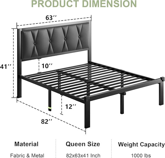 Feonase Queen Size Metal Bed Frame with Faux Leather Button Tufted Headboard, Platform Bed Frame with Heavy Duty Metal Slats, 12" Storage Space, Noise Free, No Box Spring Needed, Black