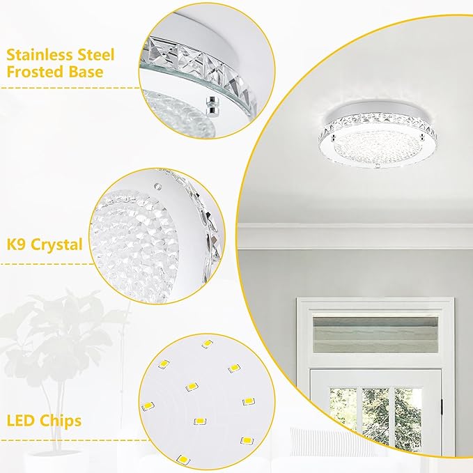 Crystal Ceiling Light Fixture 13 Inch Flush Mount Ceiling Light LED 4000K Dimmable Modern Ceiling Lamp for Bedroom Bathroom Island