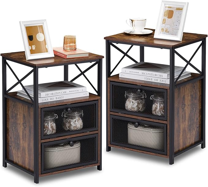 VECELO Nightstand Set of 2, End Table with Flip Drawer, Modern Night Stand for Bedroom,Living Room, Office, Easy Assembly, Light Brown
