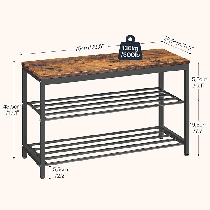 HOOBRO Shoe Bench, 3-Tier Shoe Rack, Industrial Shoe Organizer Storage Bench with Wooden Top, Holds Up to 300 lb, 11.2 x 29.5 x 19.1 Inches, for Entryway, Bedroom, Rustic Brown and Black BF76HX01
