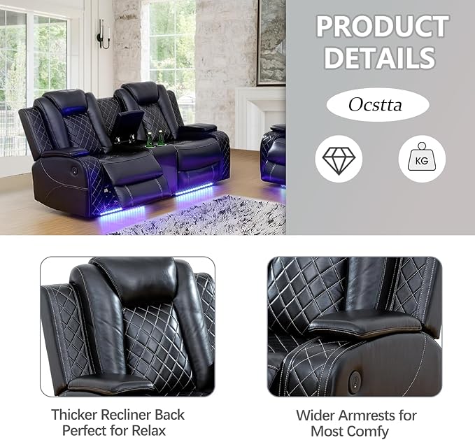 Air Leather Recliner Loveseat with Cup Holder&Storage Console, Reclining Couch for RV Living Room Home Theater (Black)