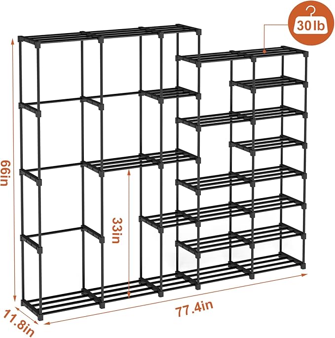 Portable Closet Wardrobe Clothes Rack with Shelves Freestanding Closet Organizer with Shoe Rack for Hanging Clothes 77.4x11.8x66 Inches for Bedroom Living Room with Rubber Hammer Black