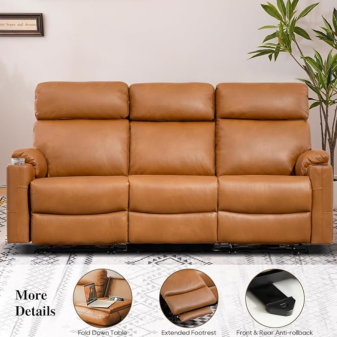 Power Reclining Sofa, Electric 3-Seat Dual Recliner Sofa with USB Ports, Cup Holders, Wall Hugger Sofa & Couch for Living Room Home Theater Apartment RV (Brown) | Drop-Down Table, Side Pocket, Extended Footrest, Breathable Material