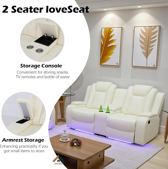 Power Recliner Sofa Set for Living Room, Leather Reclining Sofa Sets with Storage Console, Living Room Furniture Sets with LED Lights(Sofa, loveseat and Chair,Creamy)
