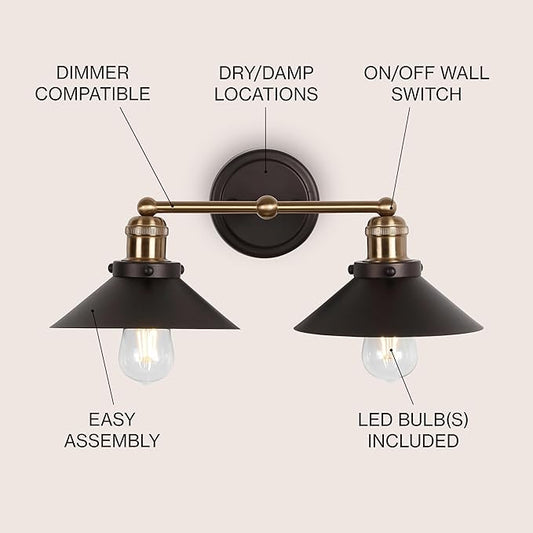 JONATHAN Y 17.5" Oil Rubbed Bronze/Brass Gold 2-Light Industrial Farmhouse Metal Vanity Light Wall Sconce, Metal Shade for Bathroom Mirror, Kitchen, Entryway, LED Bulb Included (JYL7427C)